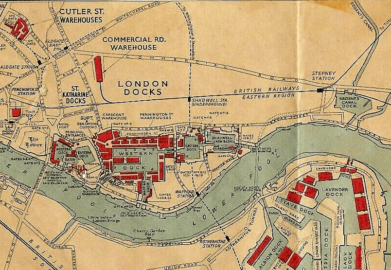 Historical map showing Wapping, the London Docks and the surrounding Thames waterfront.